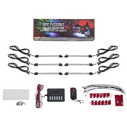LEDGlow 6pc Million Color Flexible Motorcycle LED Lighting Kit - 15 Solid Colors - 9 Patterns - 6" Multi-Color Tubes - Includes Control Box & Wireless Remote
