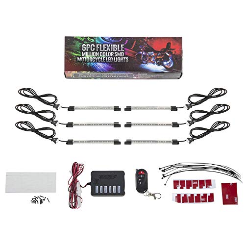 LEDGlow 6pc Million Color Flexible Motorcycle LED Lighting Kit - 15 Solid Colors - 9 Patterns - 6" Multi-Color Tubes - Includes Control Box & Wireless Remote