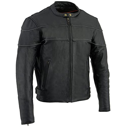 Milwaukee Leather SH1785 Men's Black Leather Scooter Style Motorcycle Jacket w/Side Stretch and Reflective Piping - size: Small