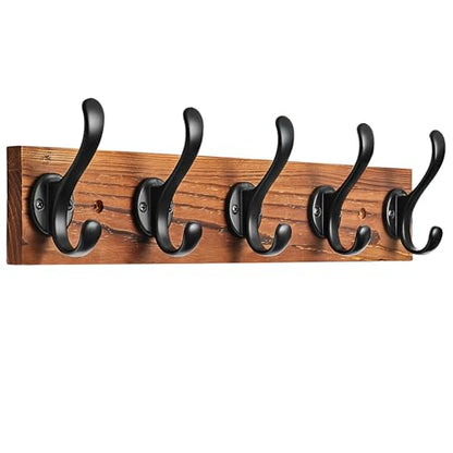 Coat Rack Wall Mount, Pre-Assembled 16" Coat Hooks with 5 Hooks, Heavy Duty Rustic Farmhouse Wood Plank Hooks for Hanging Hat, Clothes, Keys, Jacket, Purse - Door, Entryway, Mudroom - size: Pine wood - black hook