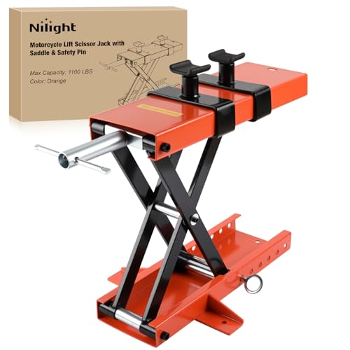 Nilight Motorcycle Lift 1100 LBS ATV Scissor Jacks with Saddle Safety Pin Crank Handle 3.7"-15.7" Hoist Stand Heavy Duty Steel Lifter Jack for Motorcycles Dirt Bike Garage Storage Repair Tool, Orange - color: Orange w Saddle Safety Pin