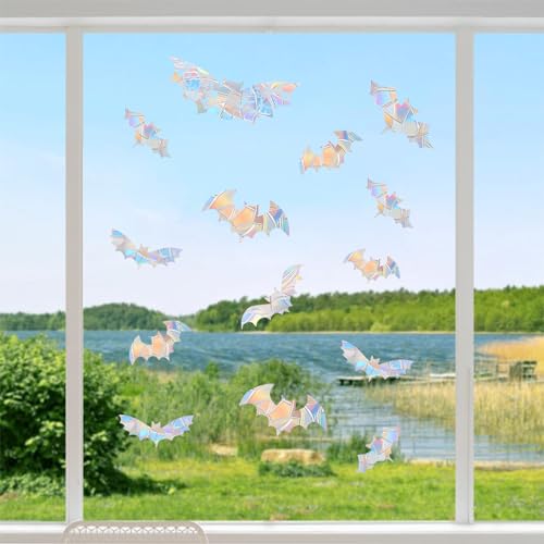 15PCS Bat Window Clings - Anti-Collision Decals to Save Birds from Collisions,Non Adhesive Prismatic Vinyl Clings, Rainbow Stickers - color: Bat