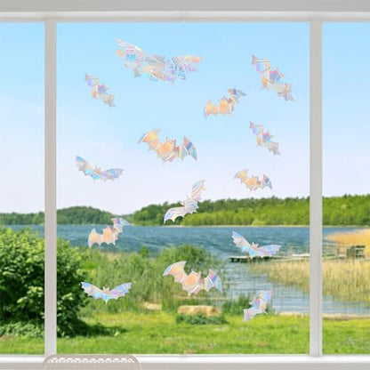 15PCS Bat Window Clings - Anti-Collision Decals to Save Birds from Collisions,Non Adhesive Prismatic Vinyl Clings, Rainbow Stickers - color: Bat