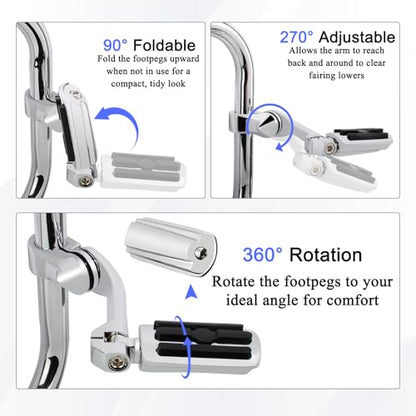 1.25" (32mm) Adjustable Highway Foot Pegs w/Long Extended Angled Mounts for Harley Davidson Touring Street Glide/Road Glide/Electra Glide/Road King Motorcycle w/1-1/4" Crash Bar,CHROME#2