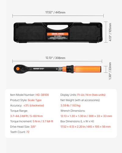 VEVOR 26Pcs Torque Wrench Set, 3/8 Inch Drive, 3.7-44.3FT.LB(5-60Nm), 72-Tooth Click Torque Wrench with Hex/Torx/Spark Plug Sockets, Extension Bars, 1/4 Adapter, for Bicycle Motorcycle Maintenance - size: 25PCS(3.7-44.3FT.LB), style: 3/8-inch