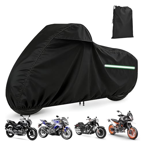 Motorcycle Cover, 420D Outdoor Storage Waterproof All Season Sun Protection Night Reflective with Adjustable Windproof Buckle Storage Bag Universal Fit up to 96.5" Motorbikes Vehicle Cover