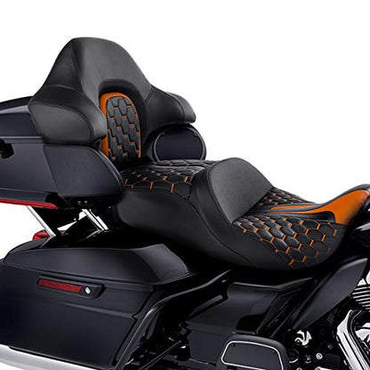C.C.Rider Driver Passenger Seat with King Tour Trunk Backrest Pad Fit for Harley Touring Road FLHR Street Glide FLHX FLTRX FLHT 2014-2023 - color: Black+Orange Set