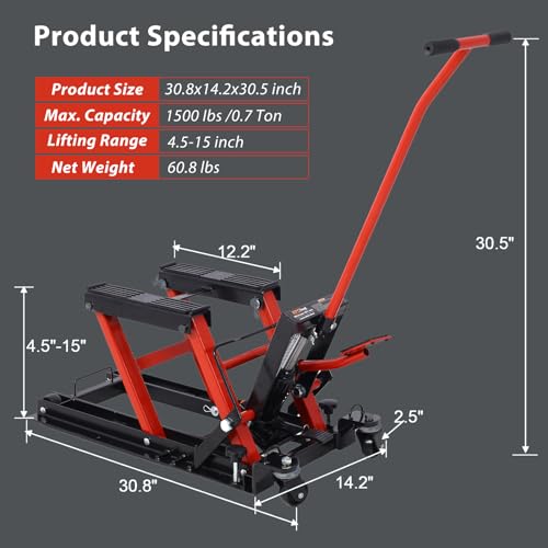 Hydraulic Motorcycle Lift Jack, 1500 LBS Capacity ATV Scissor Lift Jack with Wheels and Handle, Portable Motorcycle Lift Table Hydraulic Foot-Operated Hoist Stand for Motorcycle ATV UTV Powersports