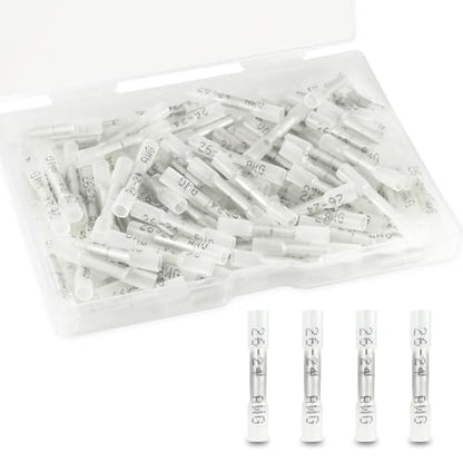 120PCS Heat Shrink Butt Connectors, Insulated Waterproof Butt Connectors 26-24 AWG for Wiring, Marine, Automotive (White) - size: 26-24AWG(120pcs)