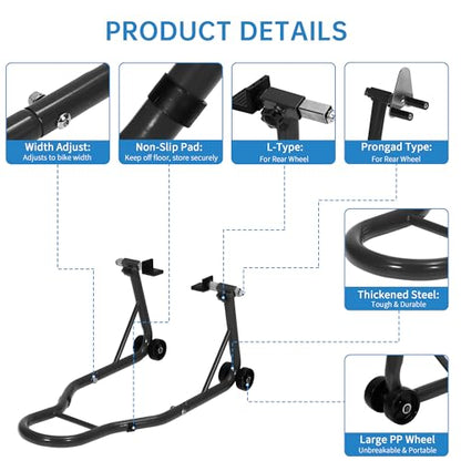Motorcycle Front & Rear Stand Combo, Universal Wheel Lift Paddock Stand with Prong Adapters+L Adjustable Swingarm Spool, 900 LB Capacity Heavy Duty for Most Bikes,Black - color: Black