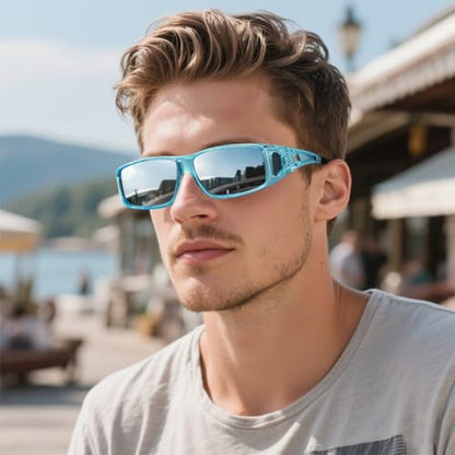 Wzerry Sunglasses Fit Over Glasses Polarized for Men Women, Wrap-Around Glasses UV400 Protection for Driving and Outdoor - color: Black/Grey + Transparent Blue/Grey + Transparent Blue/Silver