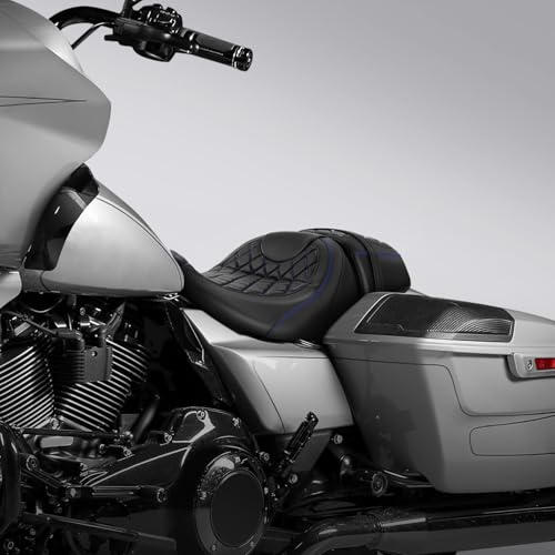 C.C. RIDER Low-Profile Rider&Passenger Seat Gel Seat Fit for Harley Touring 2023-2025 CVO Street Glide FLHXSE CVO Road Glide FLTRXSE 2024-2025 Street Glide FLHX Road Glide FLTRX FLTRXSTSE - size: 06# Gel Black+ Blue Stitchs