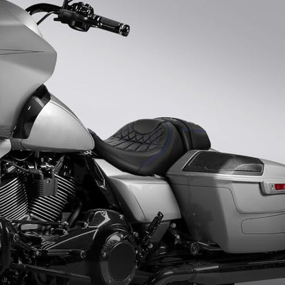 C.C. RIDER Low-Profile Rider&Passenger Seat Gel Seat Fit for Harley Touring 2023-2025 CVO Street Glide FLHXSE CVO Road Glide FLTRXSE 2024-2025 Street Glide FLHX Road Glide FLTRX FLTRXSTSE - size: 06# Gel Black+ Blue Stitchs