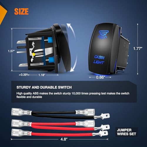 Nilight Cabin Light Rocker Switch Led Bar 5 Pin Laser On Off SPST Switches 20A/12V 10A/24V Blue with Jumper Wires Set for Cars Trucks Boats ATVs UTVs RVs - size: CABIN LIGHT