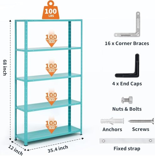 Storage Shelves, Heavy Duty 5-Tier Shelf Organizer & Adjustable Garage Shelving Unit, 2500 lbs Capacity, Metal Shelves, 68" H x 35" W x 12" D - size: 68" H x 35" W x 12" D-Light Green