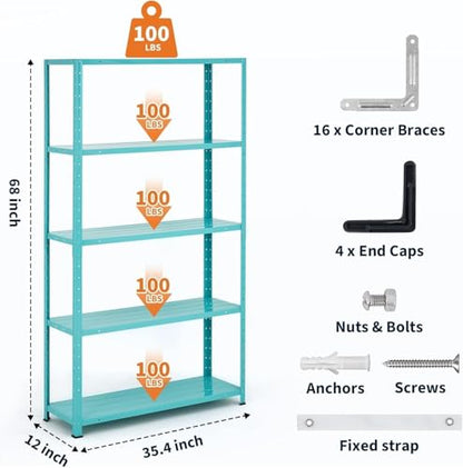 Storage Shelves, Heavy Duty 5-Tier Shelf Organizer & Adjustable Garage Shelving Unit, 2500 lbs Capacity, Metal Shelves, 68" H x 35" W x 12" D - size: 68" H x 35" W x 12" D-Light Green