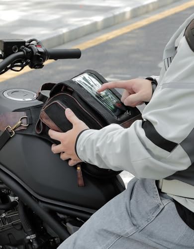 KEMIMOTO Motorcycle Tank Bag, Retro Expandable Storage Thigh Bag Leg Bag with Leg Strap, Waterproof Touch Screen Protector for Mobile Phones, Oil Waxed Canvas Material, Black 8.5L