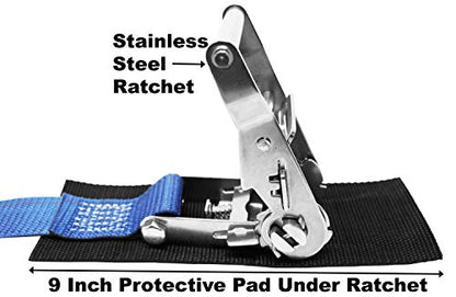 1.5 Inch Stainless Steel Ratchet Strap with Protective Pad Under Buckle, Stainless Steel Carabiner Clip with Grommet On Both Ends, Total Strap Length 10 Ft. - color: Dark Blue