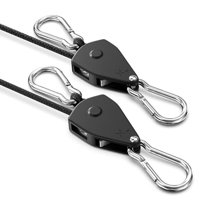 VIPARSPECTRA Retractable Heavy Duty Ratchet Tie Down Straps [2 Pack, 8ft, 75lbs/Pack], Rope Pulley System with Carabiner Hook for Hanging Plants/Grow Light/Tents Various Tie-Down Uses - size: 1/8" 2-Pack