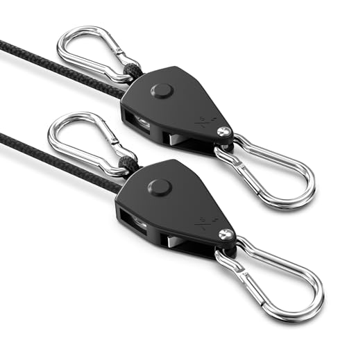 VIPARSPECTRA Retractable Heavy Duty Ratchet Tie Down Straps [2 Pack, 8ft, 75lbs/Pack], Rope Pulley System with Carabiner Hook for Hanging Plants/Grow Light/Tents Various Tie-Down Uses - size: 1/8" 2-Pack