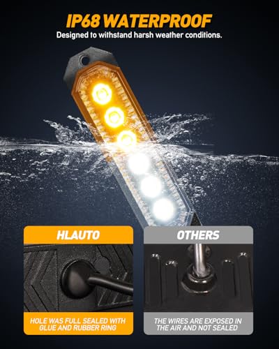 HLauto 406T Emergency Strobe Grille Lights: 4Pcs 6 LED Sync Feature Safety Warning Flashing Light, 12V-24V Ultra Slim Surface Mount Hazard Caution Light for Truck, Vehicle, Car, ATV, UTV (Amber White) - color: Amber/White