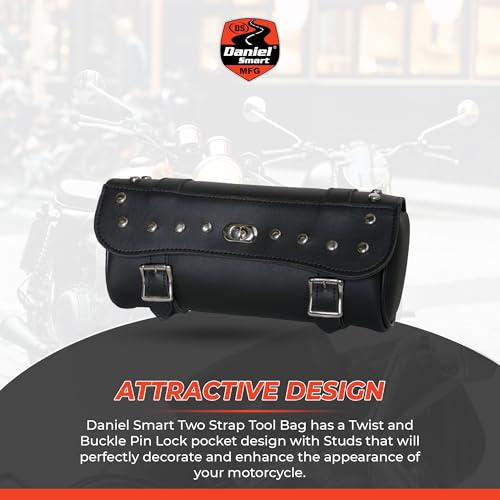 Daniel Smart Large Two Strap Tool Bag - Waterproof and Durable Premium Synthetic Leather with Stunning Twist and Pin Buckle Lock Design with Studs - style: Motorcycle Tool Bag