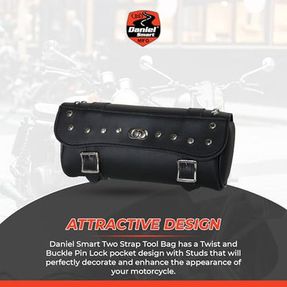 Daniel Smart Large Two Strap Tool Bag - Waterproof and Durable Premium Synthetic Leather with Stunning Twist and Pin Buckle Lock Design with Studs - style: Motorcycle Tool Bag
