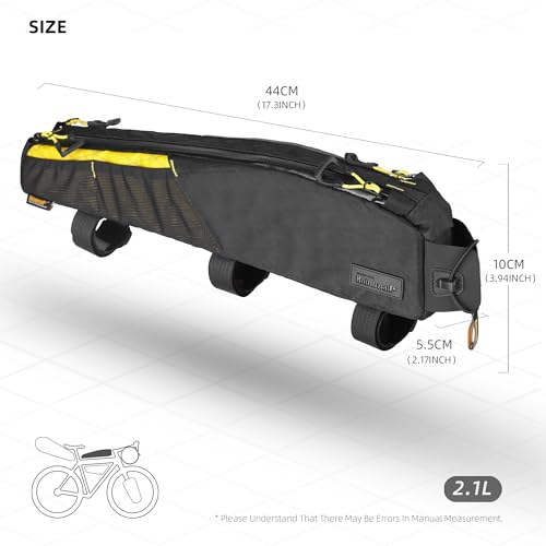 Rhinowalk Bike Frame Bag 2.1L, Waterproof Front Tube Bag with Dual Compartments, YKK Zipper, Phone Storage & Cable Port – Fits Most Bikes – Black - color: Full Black, 2.1L