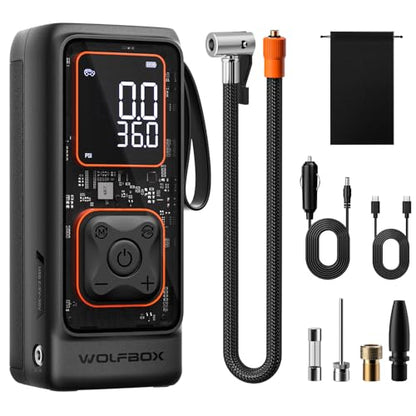 WOLFBOX Cordless Tire Inflator Portable Air Compressor, 150PSI Air Pump for Car Tires, Motorcycle, Bicycle & Ball, with Smart Digital Pressure Gauge, Auto Shut-Off & LED Flashlight