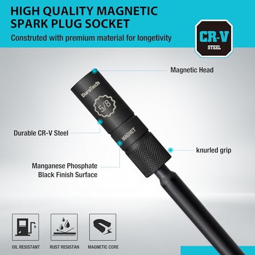 DURATECH 5/8" Swivel Magnetic Spark Plug Socket, 1MM Thin Wall Spark Plugs Socket with 12-Point, Enhanced Magnetic Head & Manganese Phosphate Coating, 3/8" Drive x 10" Total Length, Cr-V Steel Made - size: 5/8" x 3/8" x 10"