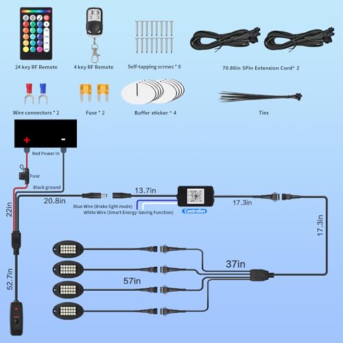 4Pods Heavy Duty Aluminum RGBW LED Rock Lights Kit for ATV UTV 4 Wheeler Can-Am SXS RZR Side by Side Offroad Vehicle, APP & RF Remote, Plug&Play Pre-Wired, IP67 Waterproof 12V Underglow Accent Light - color: RGBW 18LEDs, size: 4Pods