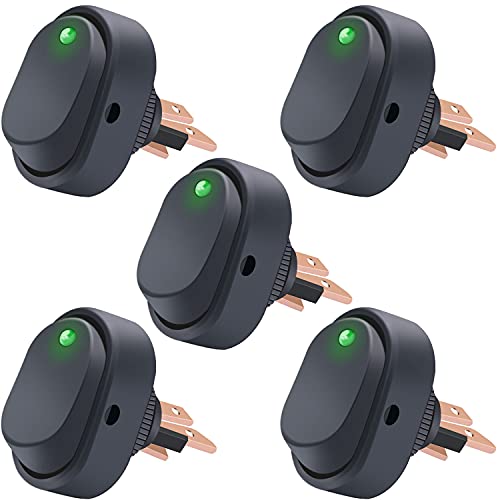 Twidec/5Pcs LED Lighted Rocker Switch Toggle 12V 30A SPST 3 Pin On-Off Green Round Dot Switch for Car Boat Marine ASW-20D-G - color: Green LED-Oval Shaped