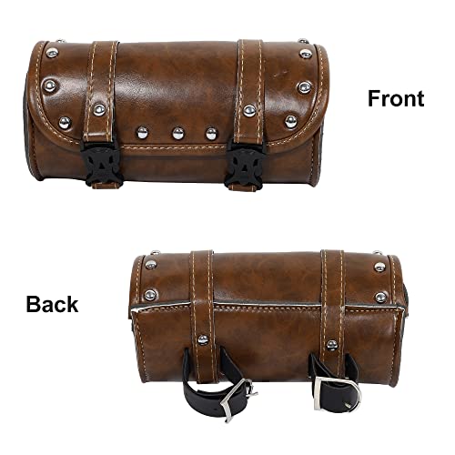 X AUTOHAUX Motorcycle Tool Bag Handlebar Bags Cycling Luggage Bag Waterproof PU Leather Round Brown 8.27" x4.13''