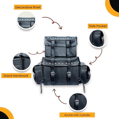 Leather Motorcycle Studded Sissy T Bar Bag - Weather Resistant Motorcycle 4 Piece Luggage Bag with Multiple Storage Compartments, Adjustable Mounting Rig, Removable Rain Cover (Black)