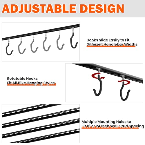 Ultrawall Ceiling Bike Rack for Garage, Indoor Bike Hanger with 6 Adjustable Bike Hooks for up to 3 Bikes (Horizontally), 6 Bikes (Vertically) - style: Fixed Bracket