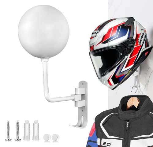 SNAGMO White 180° Motorcycle Helmet Rack, Rotation Metal Helmet Holder Wall Mounted Helmet Rack Motorcycle with 2 Hooks Helmet Hanger for Motorcycle Bike Coats, Caps, Baseballs, Rugby Helmet - color: White*1