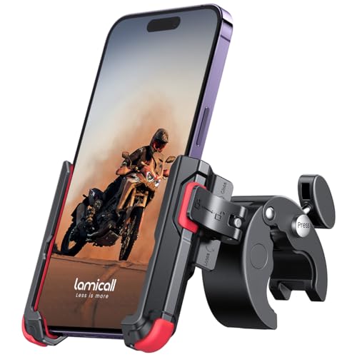 Lamicall Motorcycle Phone Mount Holder - [Camera Friendly] [1s Lock] Bike Phone Holder Handlebar Clamp, Bicycle Scooter Phone Clip, for iPhone Air, 17, 16, 15 Pro Max, Galaxy, 4.7-7" Phones, Red - color: Red