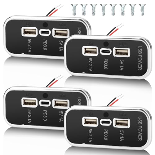 4PCS Gibbab 3 Ports 12V RV USB Outlet 45.5W, PD3.0 Type-C Quick Charge & Dual USB A Port 3.1A Panel Wall Mount, Automotive Car Socket Charger Adapter for RV Marine Boat Bus ATV Motorcycle Truck - color: Silver, size: 4PCS