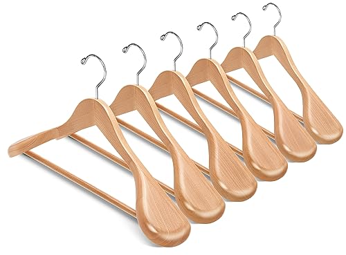 Amber Home 6 Pack Wide Shoulder Wooden Suit Hangers, Natural Wood Coat Hangers with Non Slip Pants Bar, Clothes Hangers for Jackets, Sweaters, Pants & Heavy Clothes (Natural, 6 Pack) - size: Natural