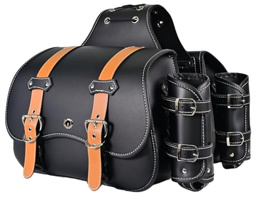 Motorcycle Saddlebags|Throw Over Saddle bags|Pvc Faux Leather Side Tool Bags with cup holder|Storage Tool Bag for Motorbike|Universal Motorcycle Accessories|Waterproof|1Pair|two-color belt| L - color: Black26