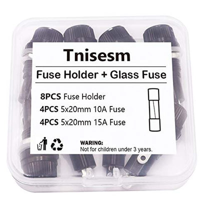 Tnisesm 8 Pcs Panel Mounted 5x20mm Screw Cap Fuse Holder Socket AC 250V 10A/AC 125V 15A Black with 8 Pcs Glass Tube Fuse(10A+15A) - color: 8PCS
