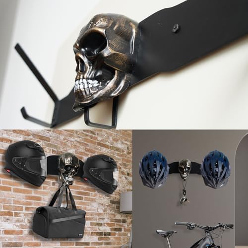 Metal Helmet Wall Mount for 2 Full Face Helmets, Garage Organizer & Gear Rack with Removable Skull Art, Ideal Gift for Father’s Day