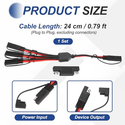 MECCANIXITY SAE Y Splitter Cable, 10AWG Extension Cord Splitter 1 to 3 SAE Connector Extension Cable 0.8 ft with Waterproof Caps & Polarity Reverse Adapter for Solar Panel Battery Charger - size: 10AWG, 0.8 ft