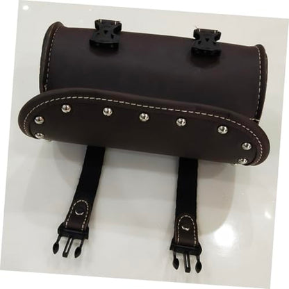 PU Leather Motorcycle Saddlebag with Two Mounting Straps Dark Brown Round Tool Bag for Motorcycles Side Storage Luggage Bag for Bikes