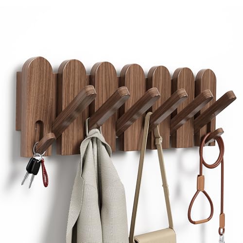 Walnut Wood Coat Rack Wall Mount,16.5" Wall Mounted Coat Rack with 8 Retractable Hangers,Heavy Duty Coat Hooks for Hanging Coats,Hats,Towels,Bags,Key Holder for Entryway - color: Walnut