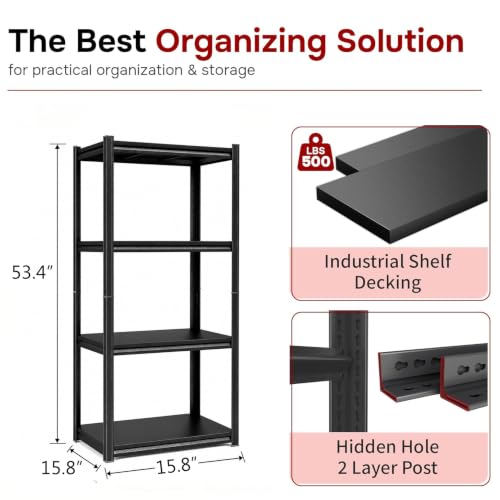 16"W Garage Shelving Unit, 2000 lbs Heavy Duty Storage Shelves Easy Assembly, 4-Tier Adjustable Metal Steel Utility Shelf Rack for Garage, Basement, Warehouse, 53.4" H x 15.8"W x 15.8"D - size: 4 Tier | 54" H x 16" W x 16" D