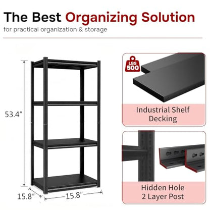 16"W Garage Shelving Unit, 2000 lbs Heavy Duty Storage Shelves Easy Assembly, 4-Tier Adjustable Metal Steel Utility Shelf Rack for Garage, Basement, Warehouse, 53.4" H x 15.8"W x 15.8"D - size: 4 Tier | 54" H x 16" W x 16" D