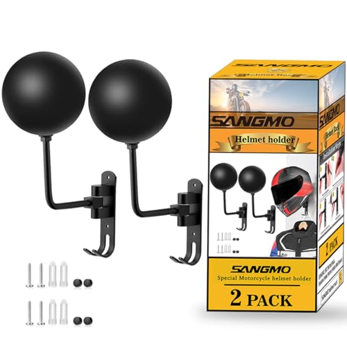 SANGMO 180° Motorcycle Helmet Rack, Rotation Metal Helmet Holder Wall Mounted Helmet Rack Motorcycle with 2 Hooks Helmet Hanger for Motorcycle Bike Coats, Caps, Baseballs and Rugby Helmet (2 Pack) - color: Black*2