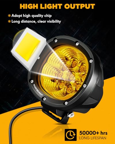 Auxbeam 4 Inch Amber Round LED Driving Light, 2PCS 90W 9000LM Yellow Fog Pods Light Bar Off-Road Flood Work Energy-Efficient Lights with DT Plug Wiring Harness Kit for Truck Jeep Pickup ATV UTV SUV - color: P4 Series-Amber Flood Beam
