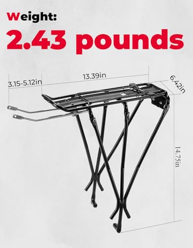KEMIMOTO Bike Cargo Rack, Rear Bike Rack 24-27.5 in, Adjustable Length, Maximum Load 220lbs, Red Rear Reflective Light, Three-Bracket Design, Aluminum Alloy